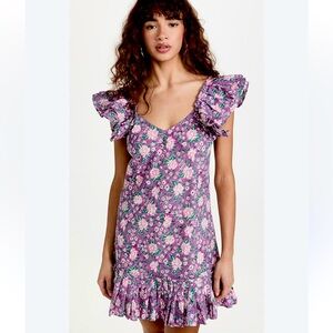 Mille Cotton Indian Blockprint Ruffle Mini Dress - Ingrid Dress in Purple Rose
